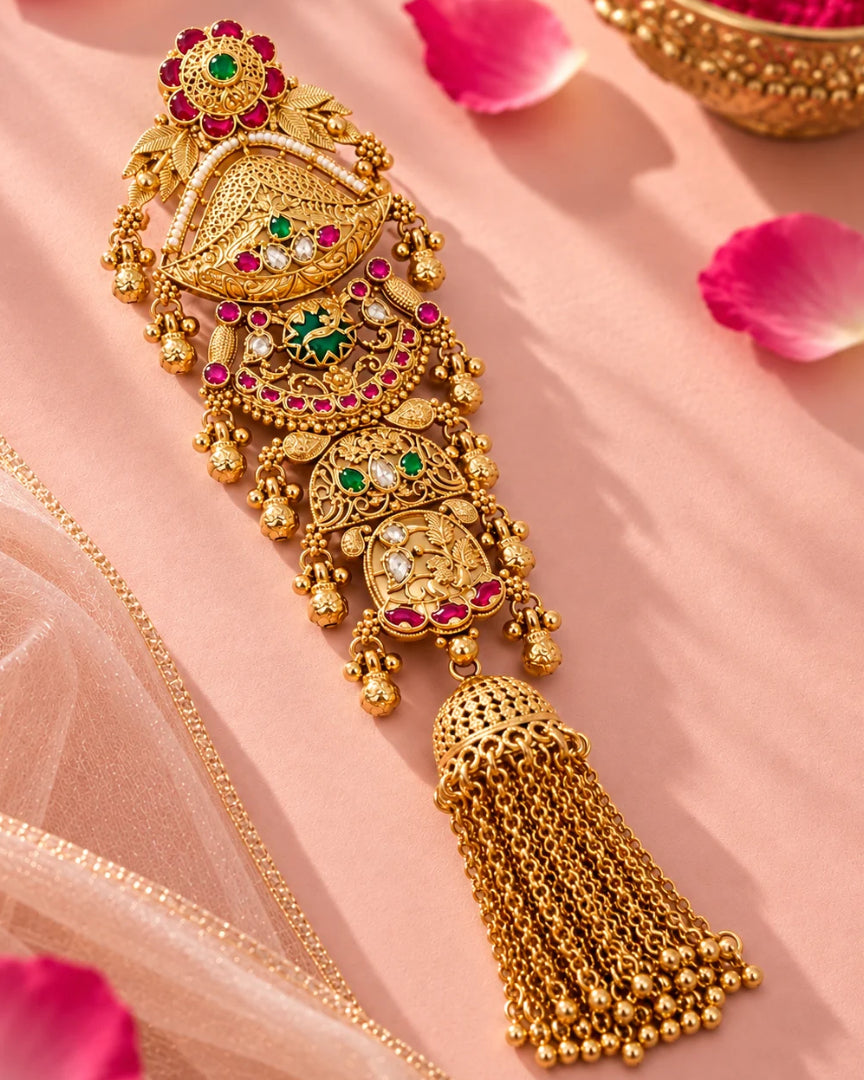 22K Micron Gold Plated Bridal Pearl & Stone Beaded Hair Accessory with Jhumka Drops