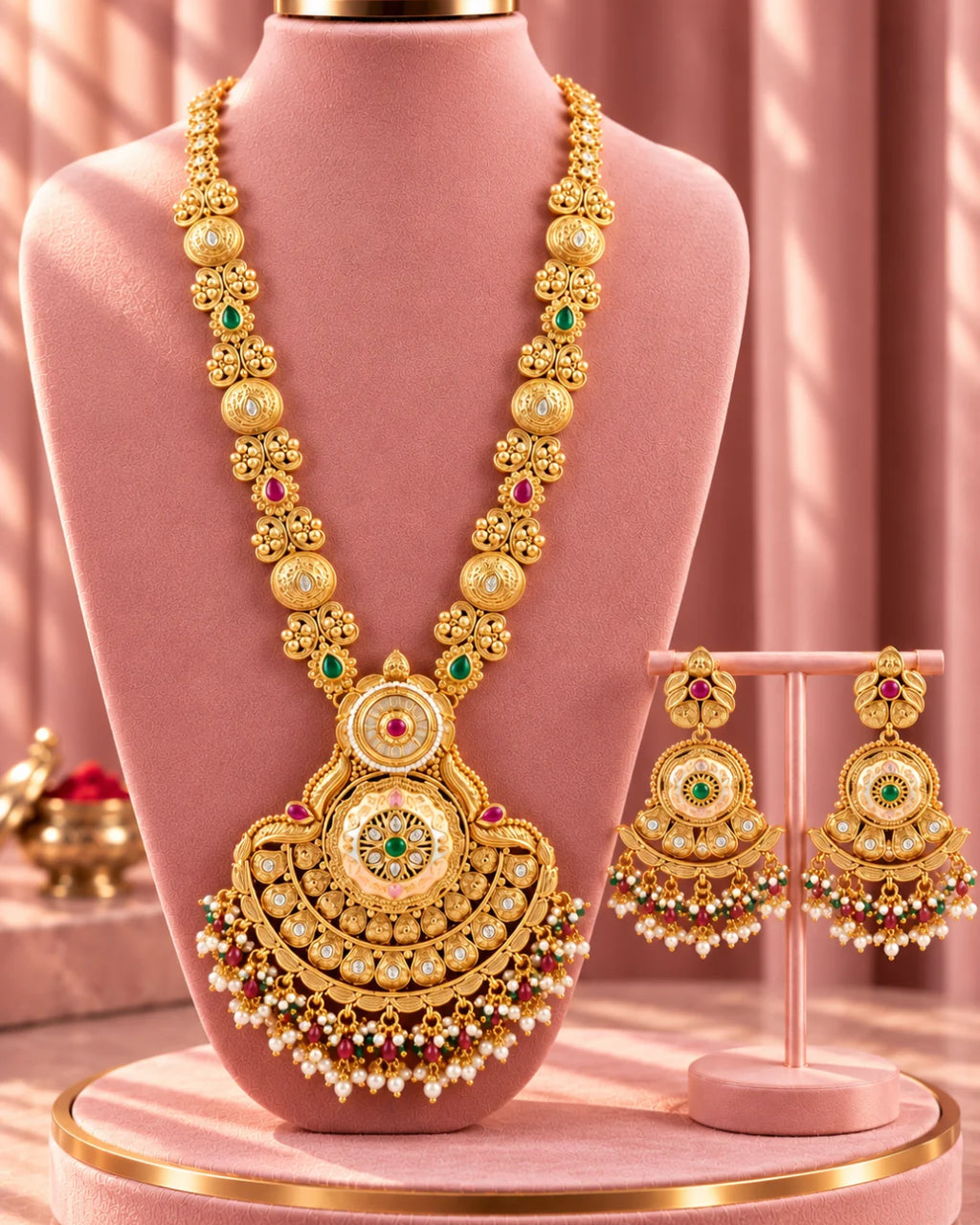 Traditional 22K Micron Gold Plated Long Heritage Necklace Set with Heavy detailing Large Pendant
