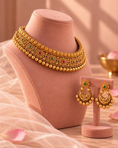 Round Beaded Floral Gold-Toned Choker Necklace Set