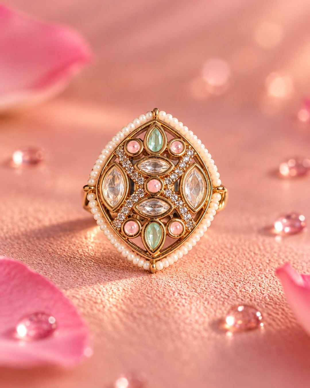 Kundan & AD Studded Pearl-Edge Adjustable Ring