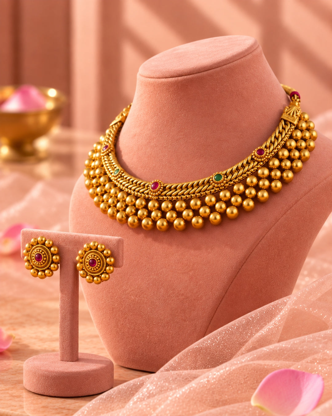 Gold Plated Round Artificial Beaded Stone Studded Necklace Set