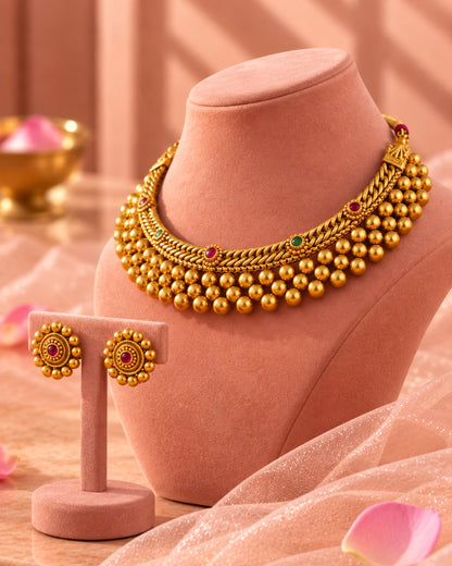 Gold Plated Round Artificial Beaded Stone Studded Necklace Set