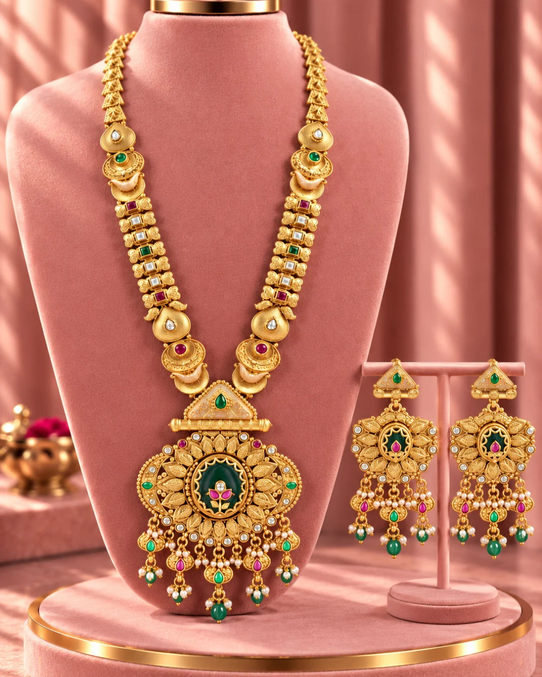 Traditional 22K Micron Gold Plated Long Heritage Necklace Set with Bold Large Pendant