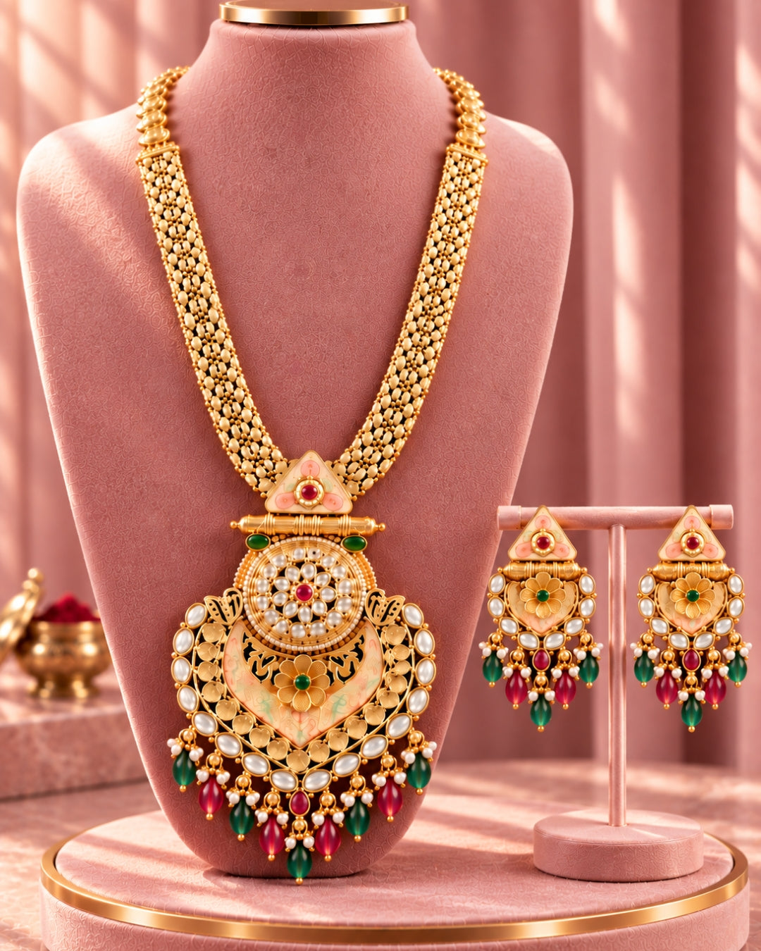 Traditional 22K Micron Gold Plated Long Heritage Necklace Set with Heavy Drop Pendant