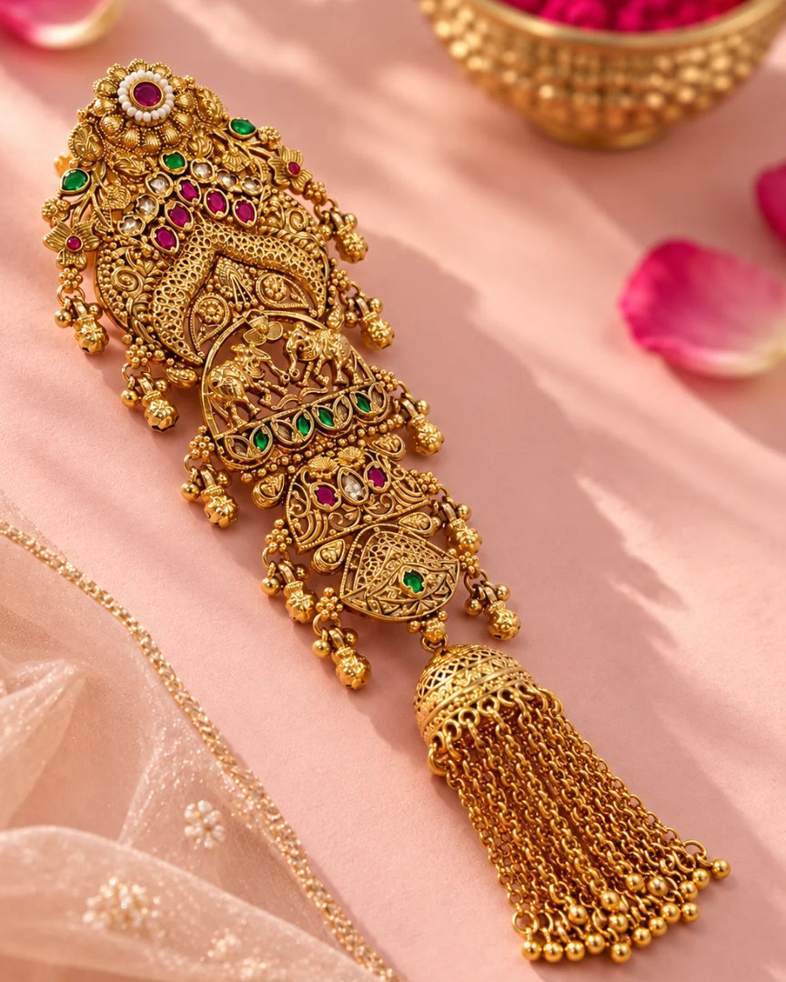 22K Micron Gold Plated Multicolour Stone Studded & Beaded Hair Accessory with Jhumka Drop