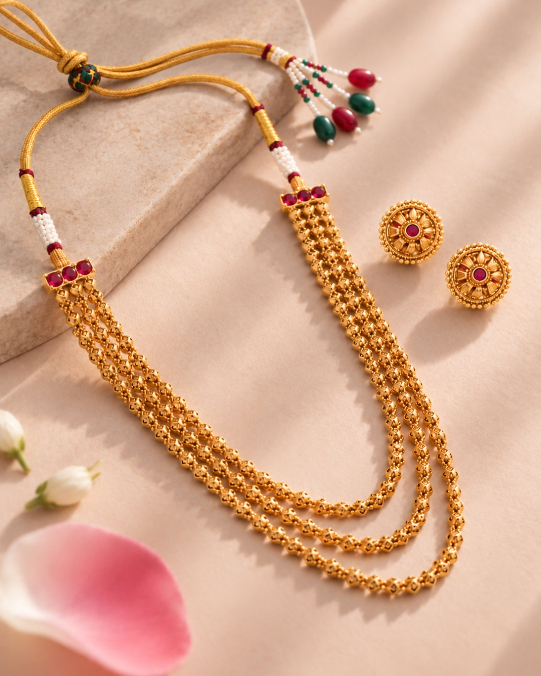Gold-Plated Multilayer Square Beaded Long Necklace Set