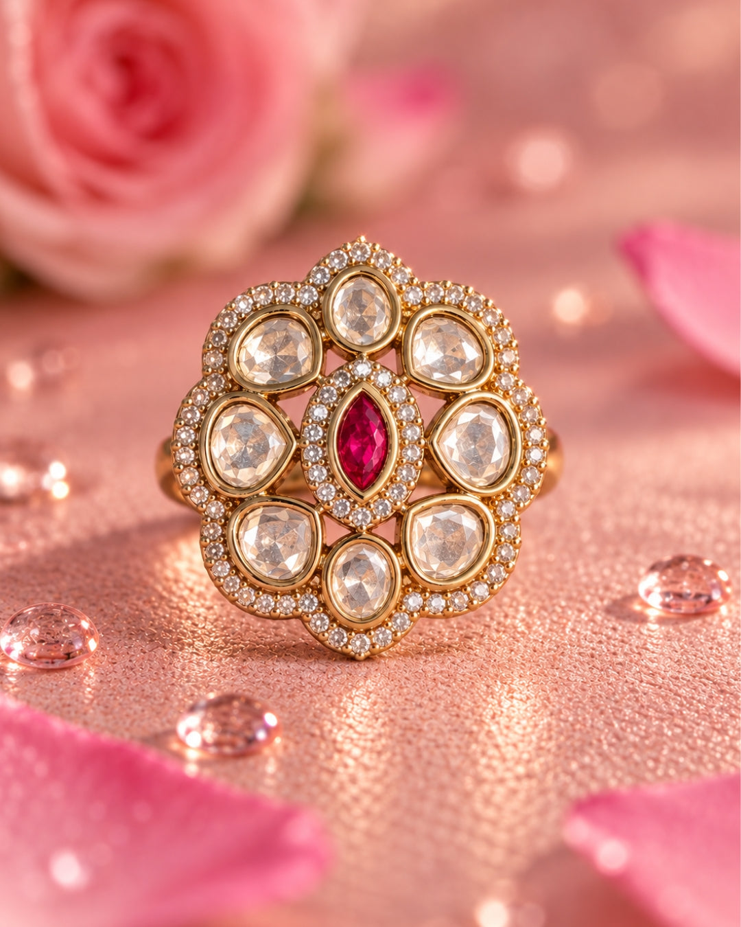 Kundan Pink Stone AD Gold-Plated Adjustable Ring