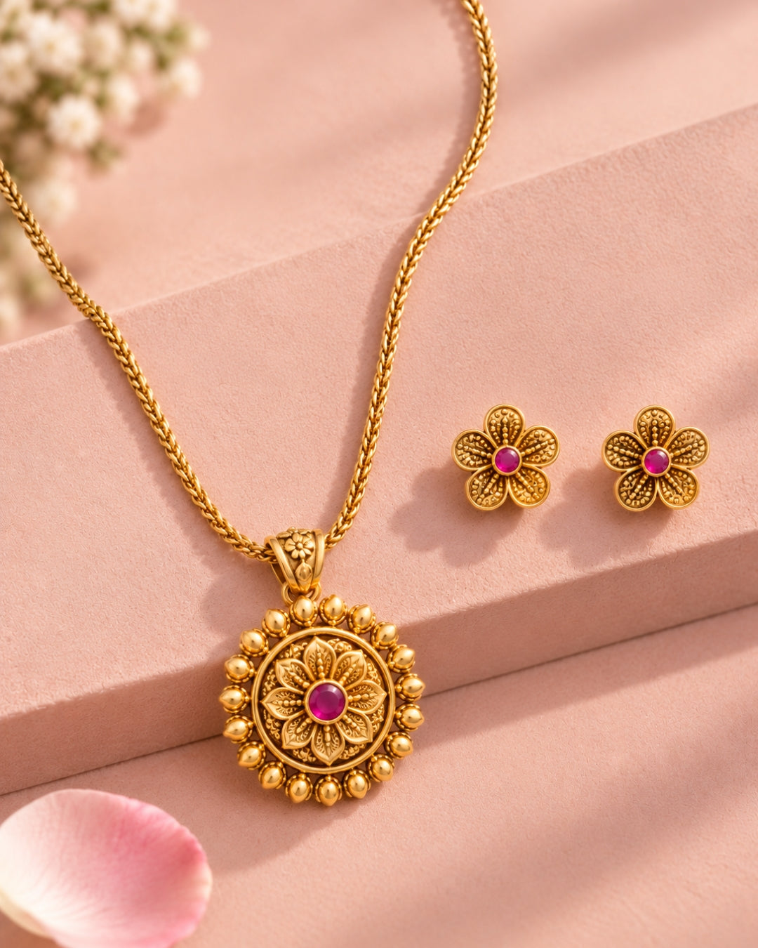 Gold Plated Round Floral Ruby Necklace & Earrings set