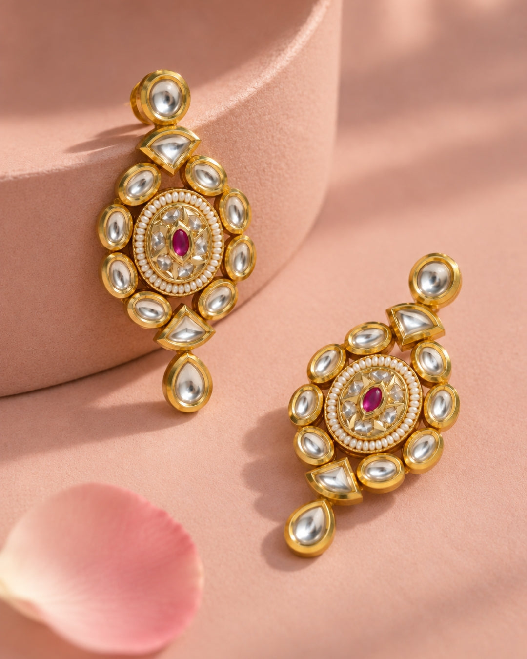 Gold Plated Kundan Studded Pearl detailing Oval Earrings