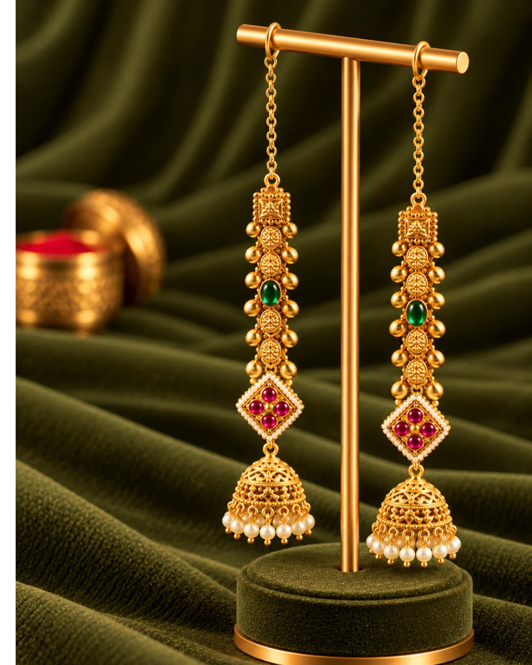 22K Micron Gold Plated Emerald Green Jadau Jhumka with Earchain White Pearl Detailing