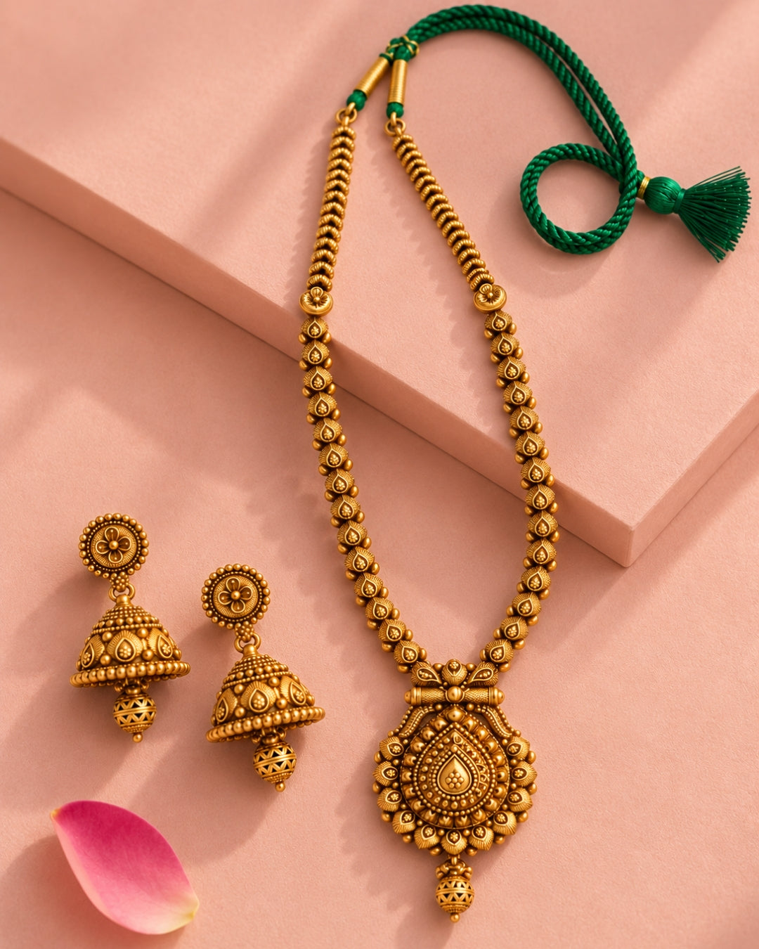 Long Traditional Gold-Plated Necklace Set with Jhumka