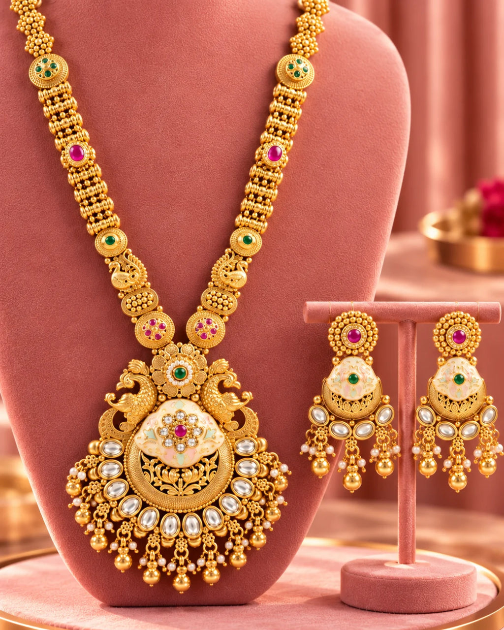 Traditional 22K Micron Gold Plated Long Heritage Necklace Set with Peacock Filigree