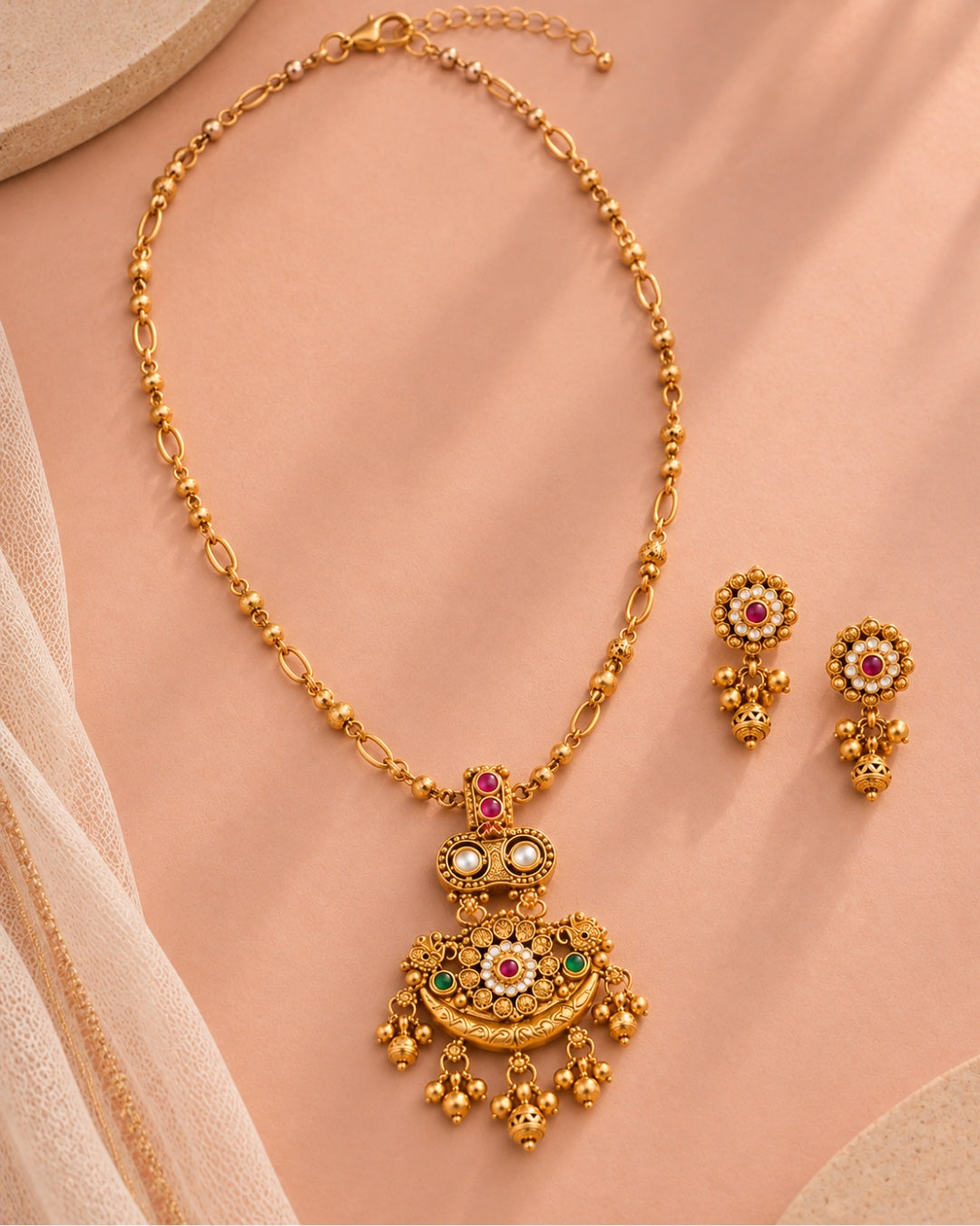 Braided Beaded Gold-Plated Floral Pendant Necklace Set