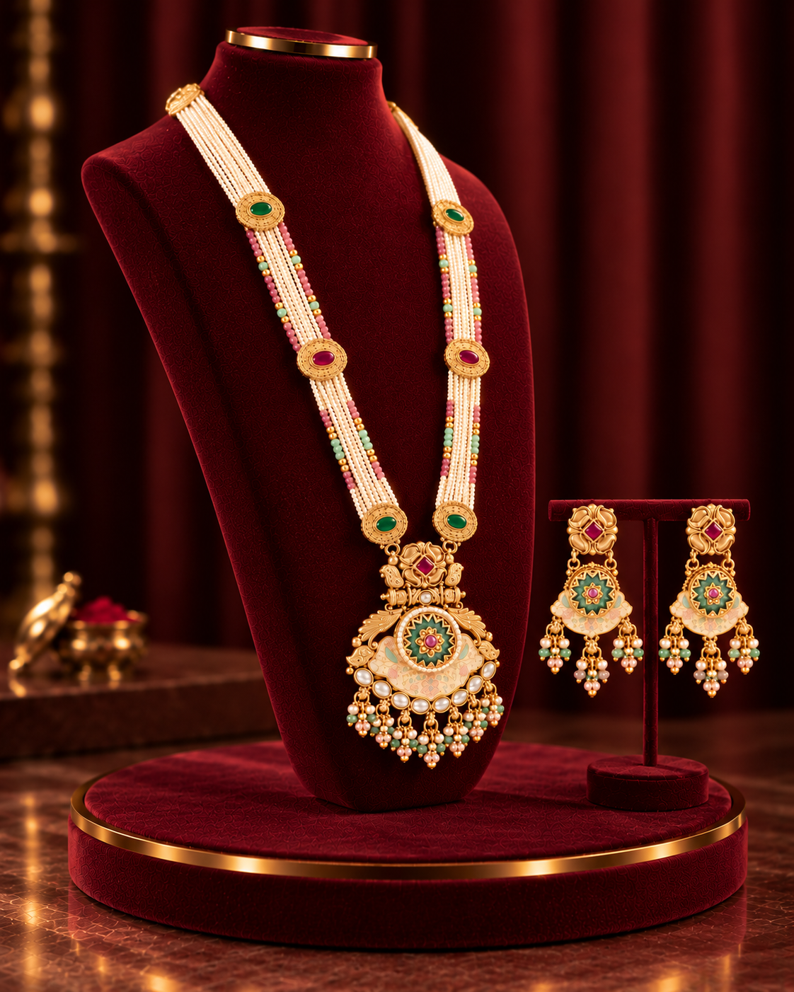 Traditional 22k Micron Gold Plated Long Heritage Jadau Necklace Set with Pearl Detailing