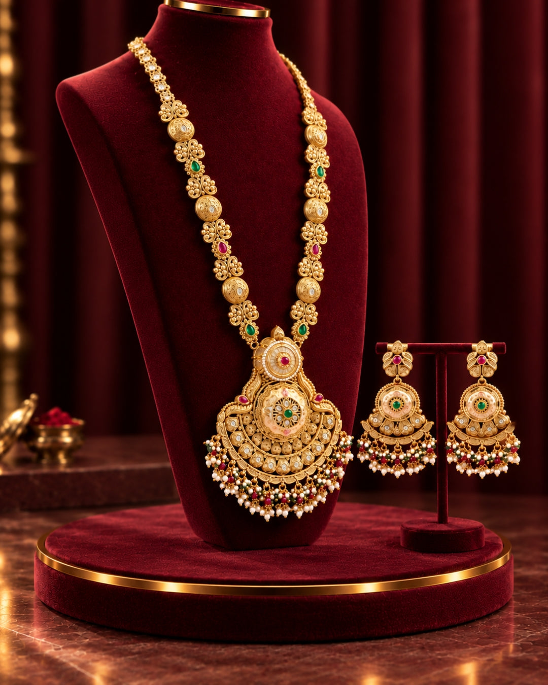 Traditional 22K Micron Gold Plated Long Heritage Necklace Set with Heavy detailing Large Pendant