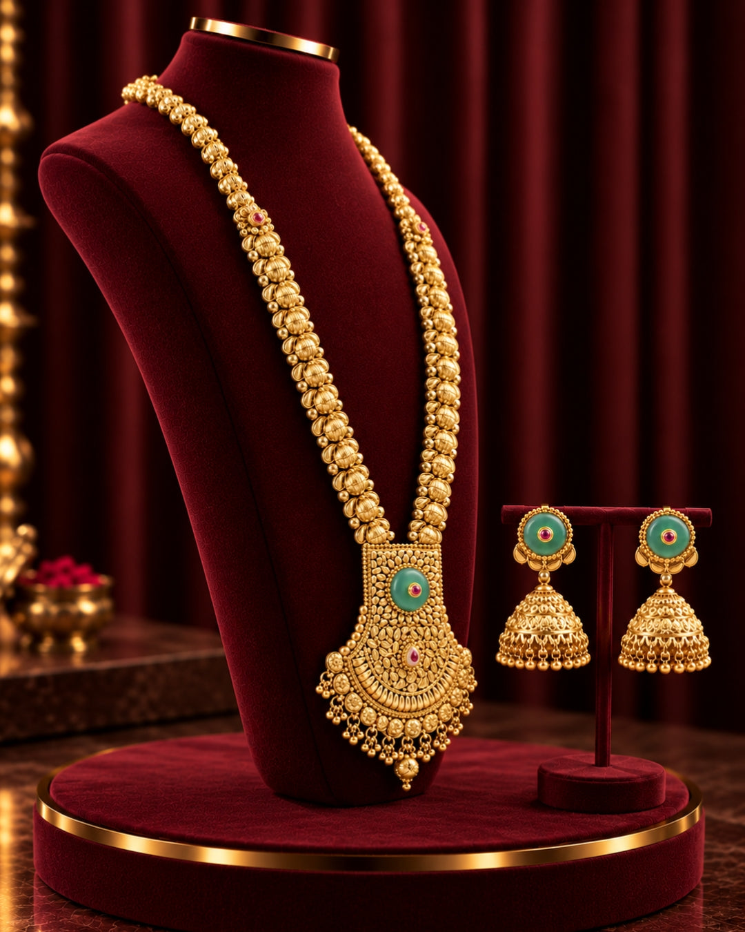 Traditional 22K Micron Gold Plated Long Heritage Necklace Set with Bold Mint Stone Pendant
