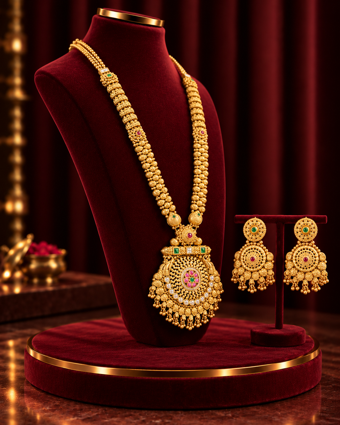 Traditional 22K Micron Gold Plated Long Heritage Necklace Set with Heavy Circular Pendant