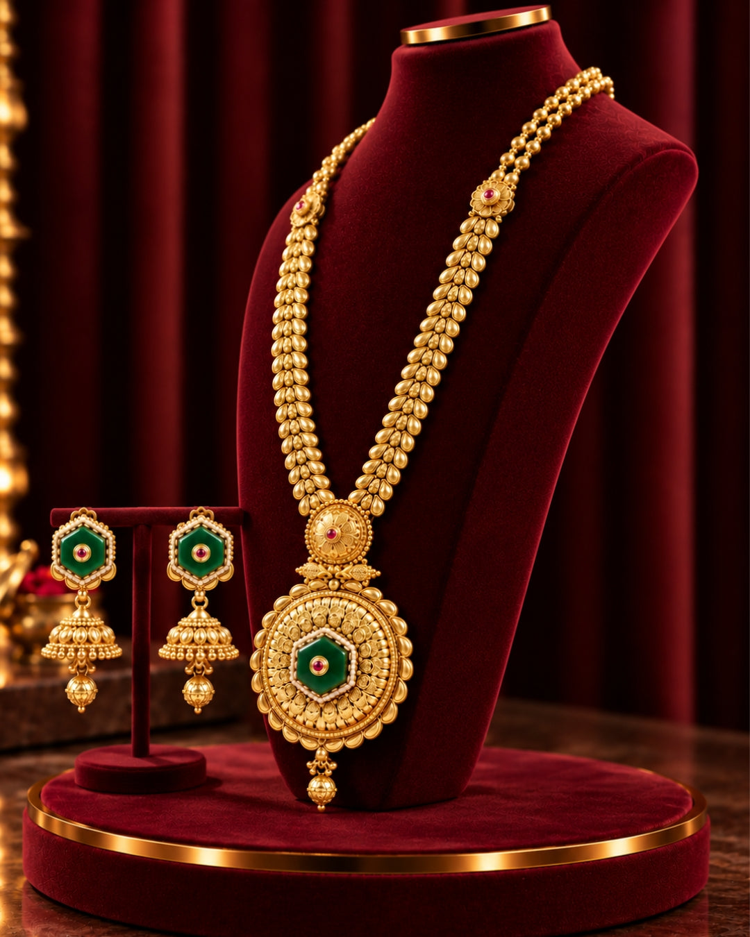 Traditional 22K Micron Gold Plated Long Heritage Jadau Necklace Set