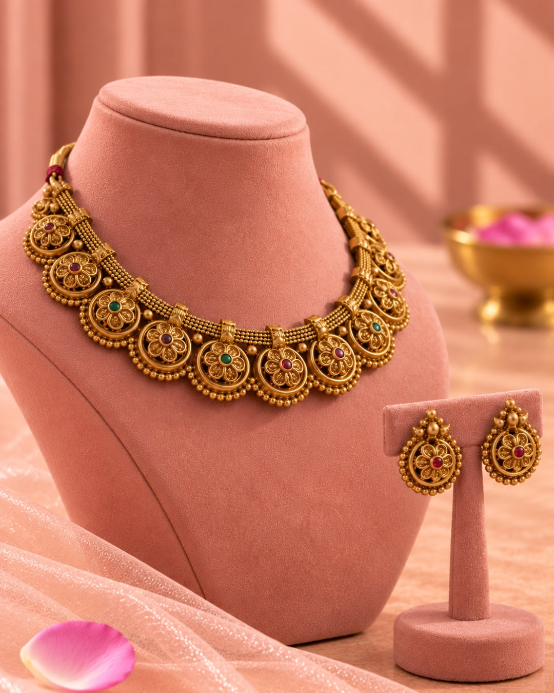 Gold-Plated Round Floral Necklace & Earrings Set
