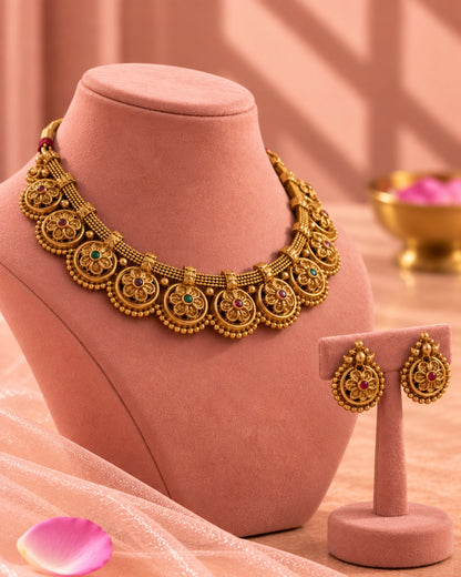 Gold-Plated Round Floral Necklace & Earrings Set