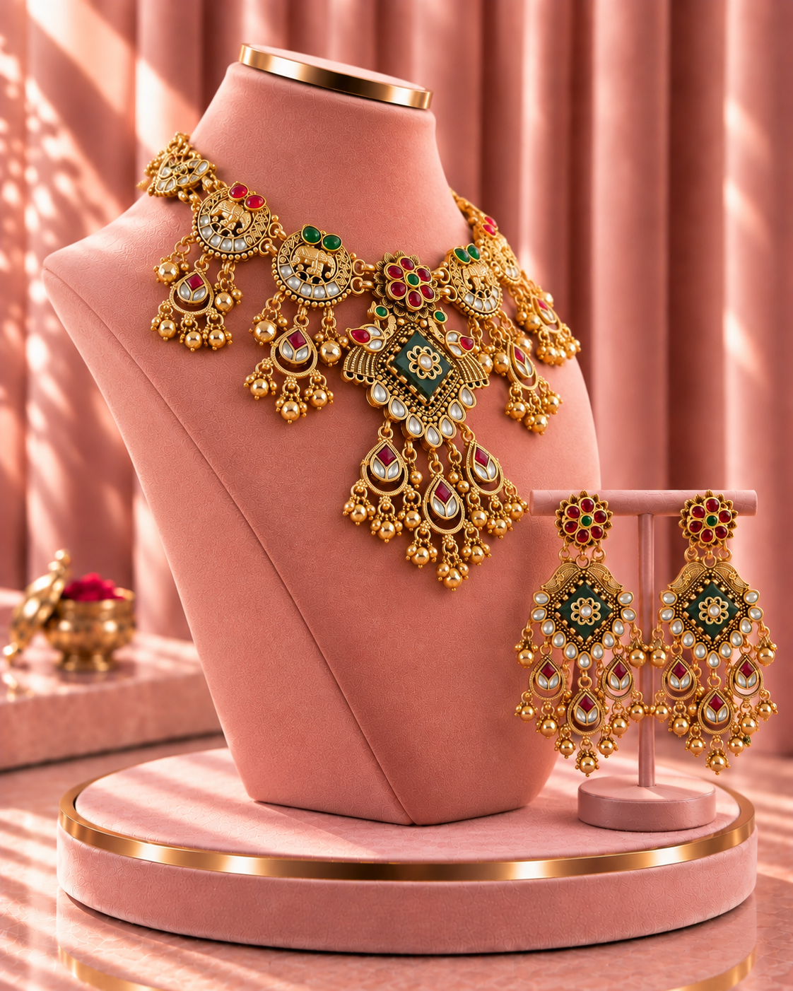 Traditional 22K Micron Gold Plated Broad Rajwadi Necklace with Bold Large Earrings
