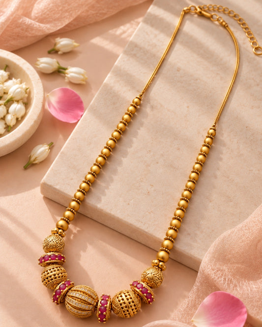 Pink Stone & AD Gold-Plated Beaded Necklace