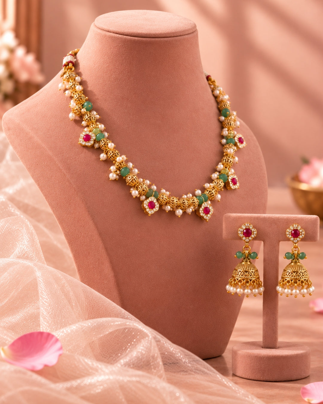 Golden & Mint Green Beaded AD & Ruby studded necklace set with Jhumka