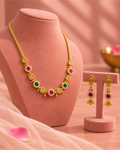 Round AD, Red & Green Stone Chain Necklace Set