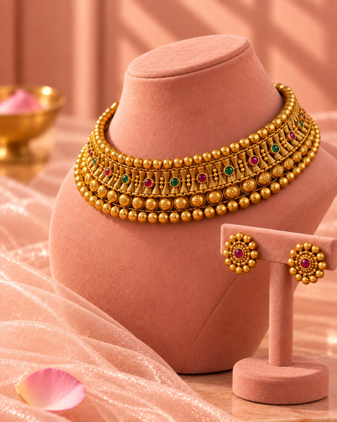 Traditional Gold-Plated Choker Necklace & Earrings Set