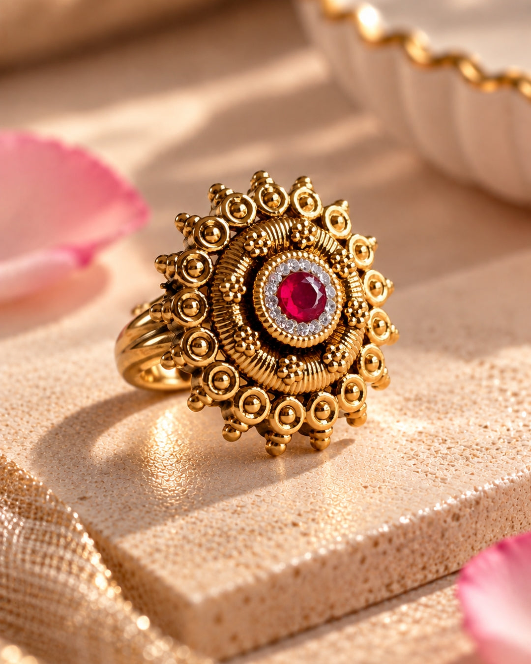 Antique Gold Plated Ruby & AD Studded Floral Ring