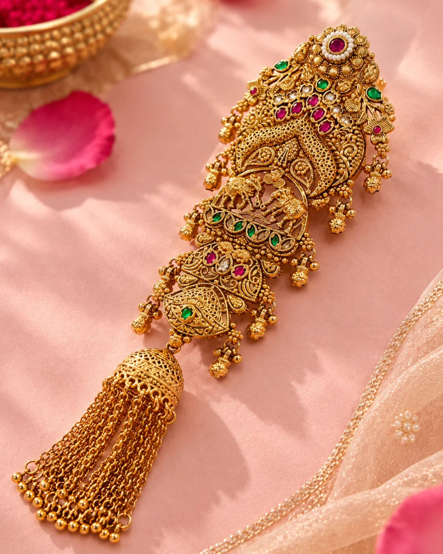 22K Micron Gold Plated Multicolour Stone Studded & Beaded Hair Accessory with Jhumka Drop