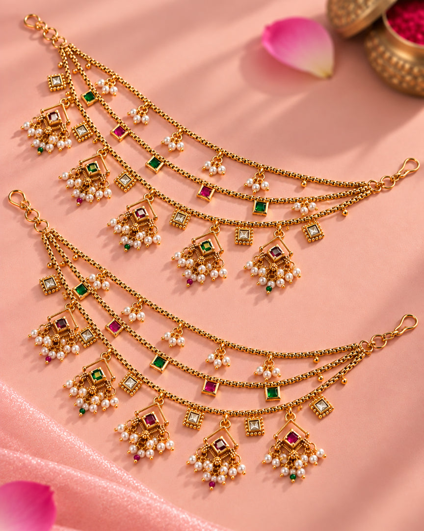 Traditional Brass 22K Micron Gold Plated Jadau Multilayer Earchain with Pearl Detailing