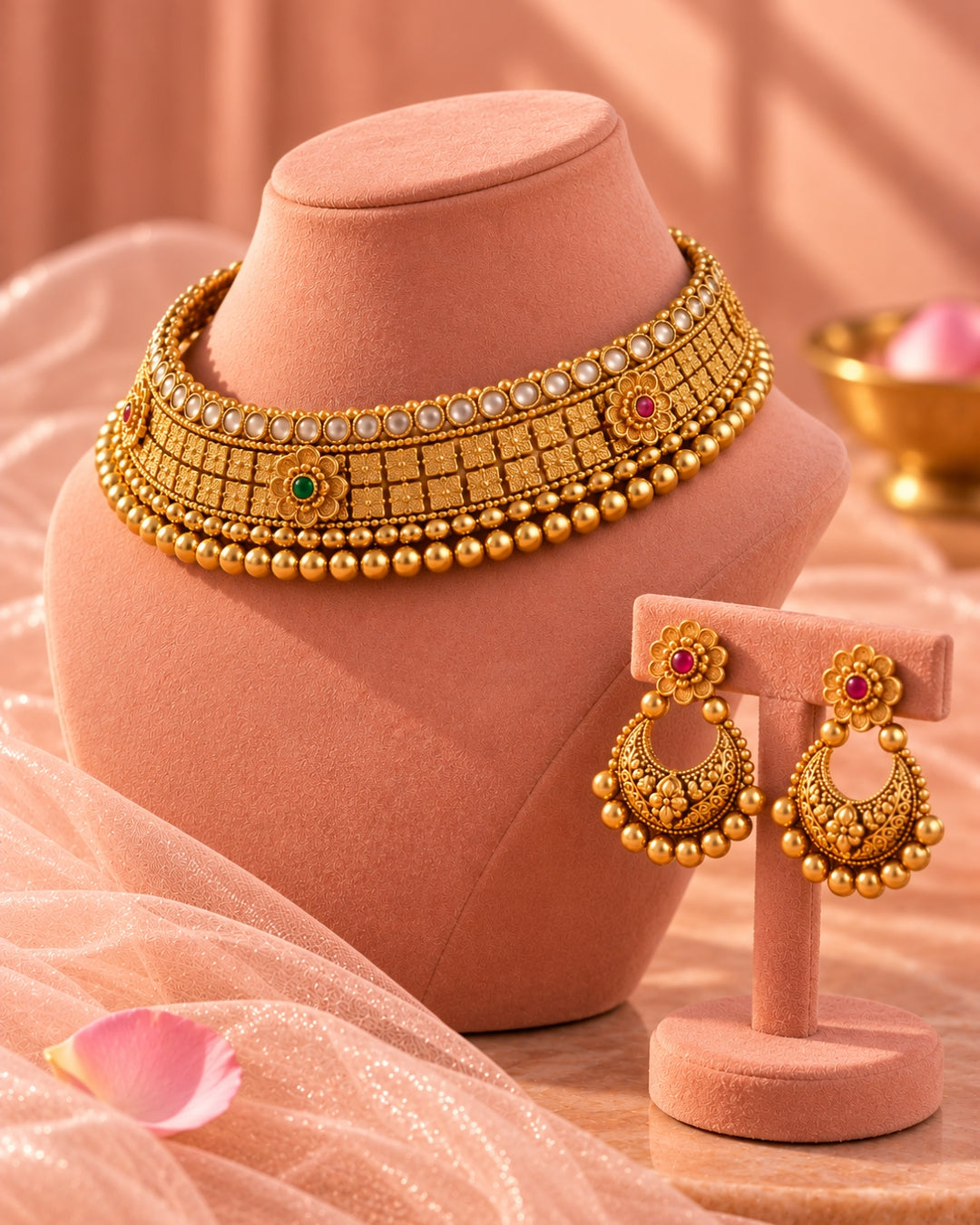 Floral Gold-Plated Choker Necklace set with Artificial Stones