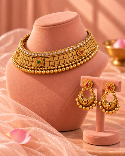 Floral Gold-Plated Choker Necklace set with Artificial Stones