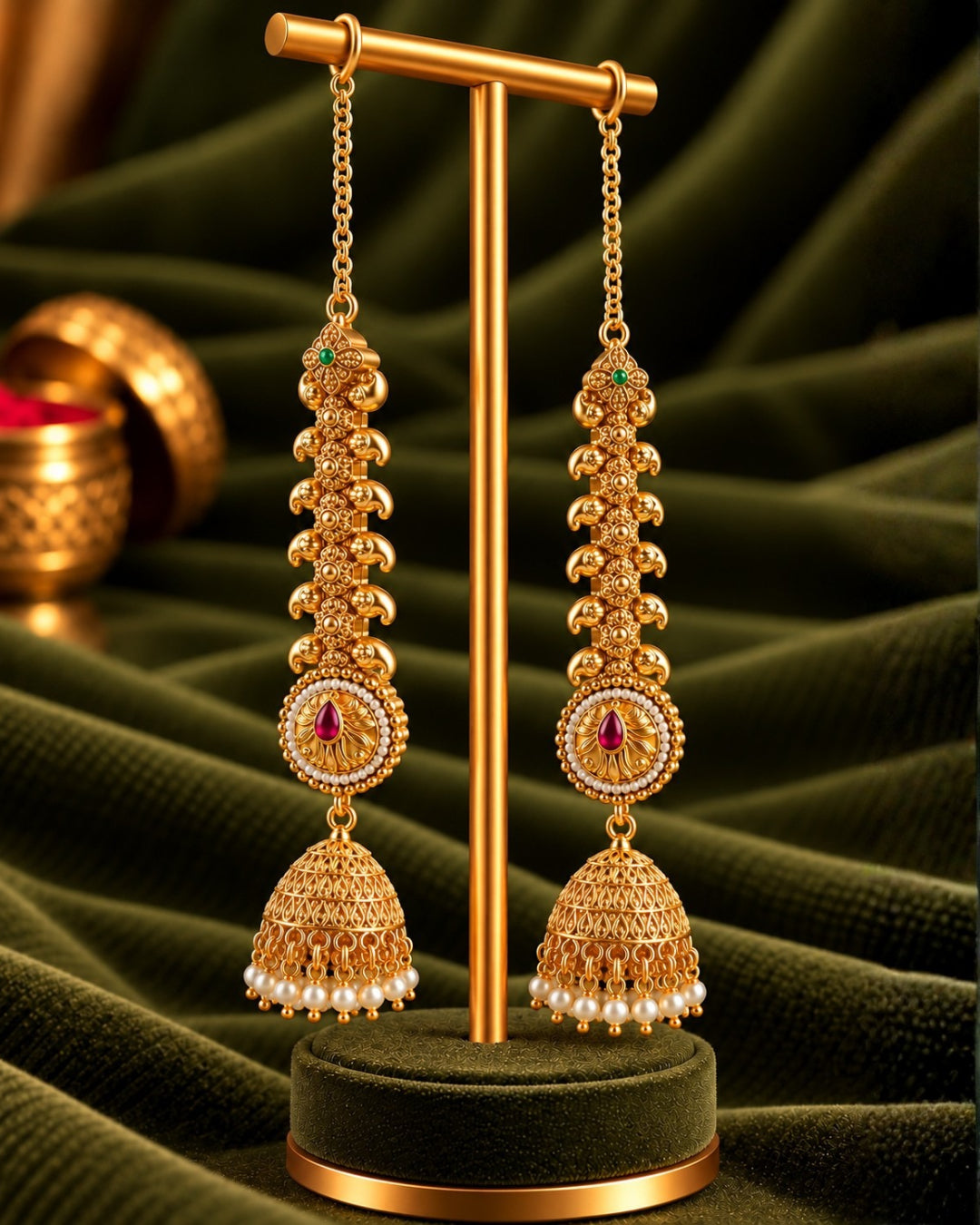 22K Micron Gold Plated Jadau Traditional Jhumka with Earchain