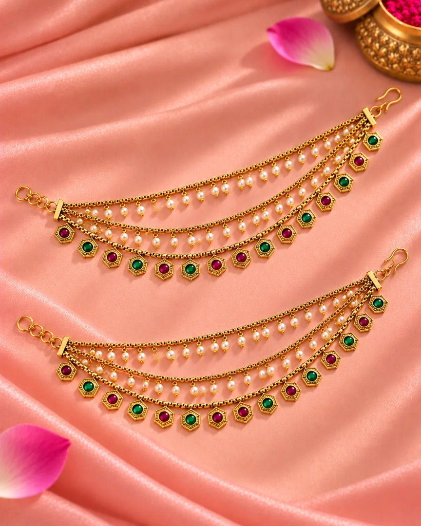 Traditional 22K Micron Gold Plated Multilayer Pearl Detailing Earchain