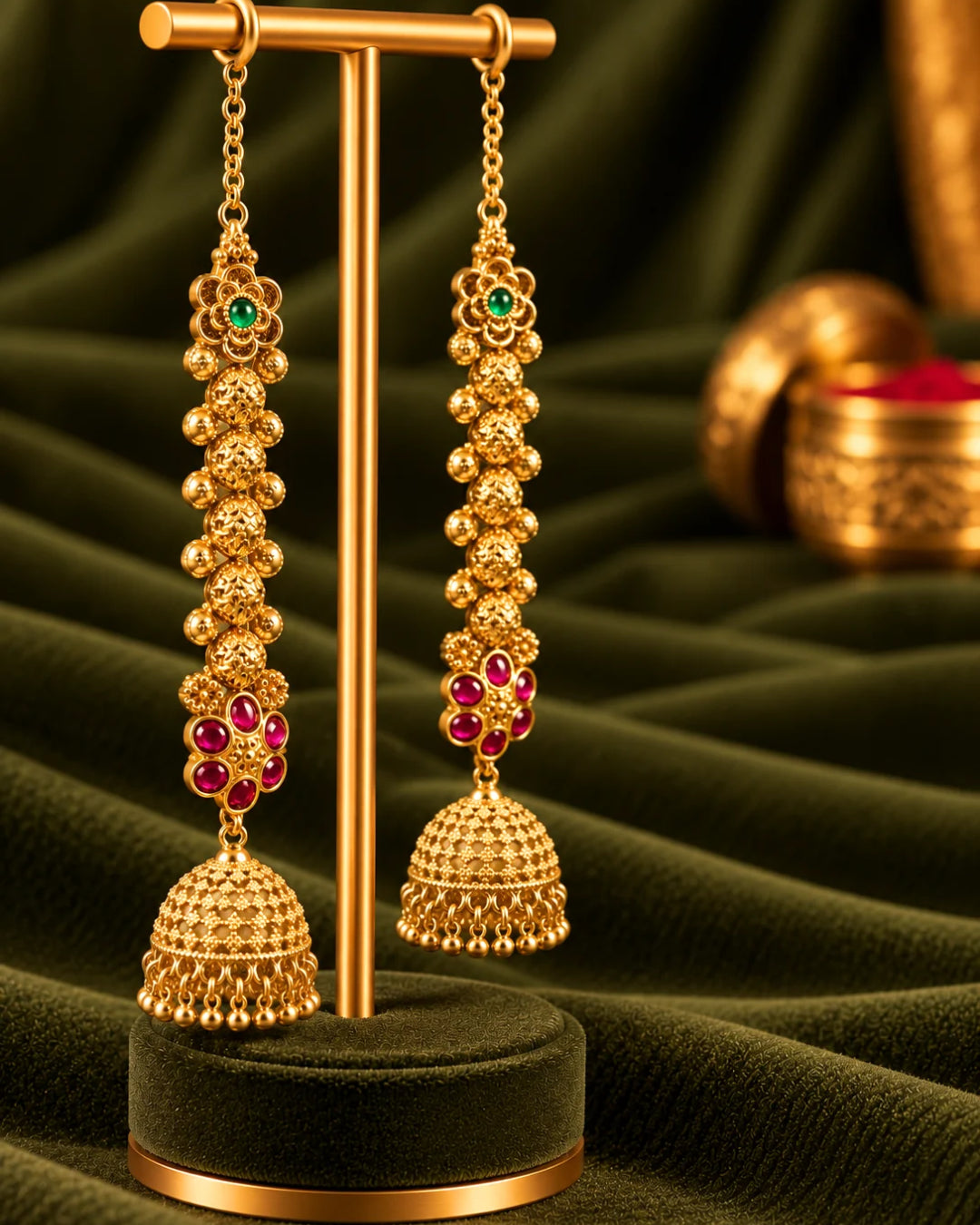 22K Micron Gold Plated Floral Traditional Jhumka with Earchain