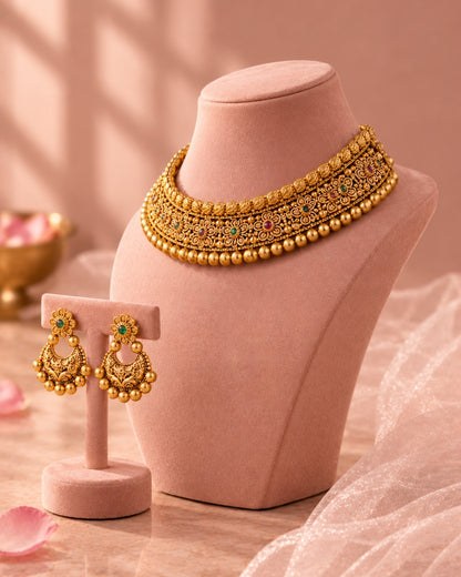 Round Beaded Floral Gold-Toned Choker Necklace Set