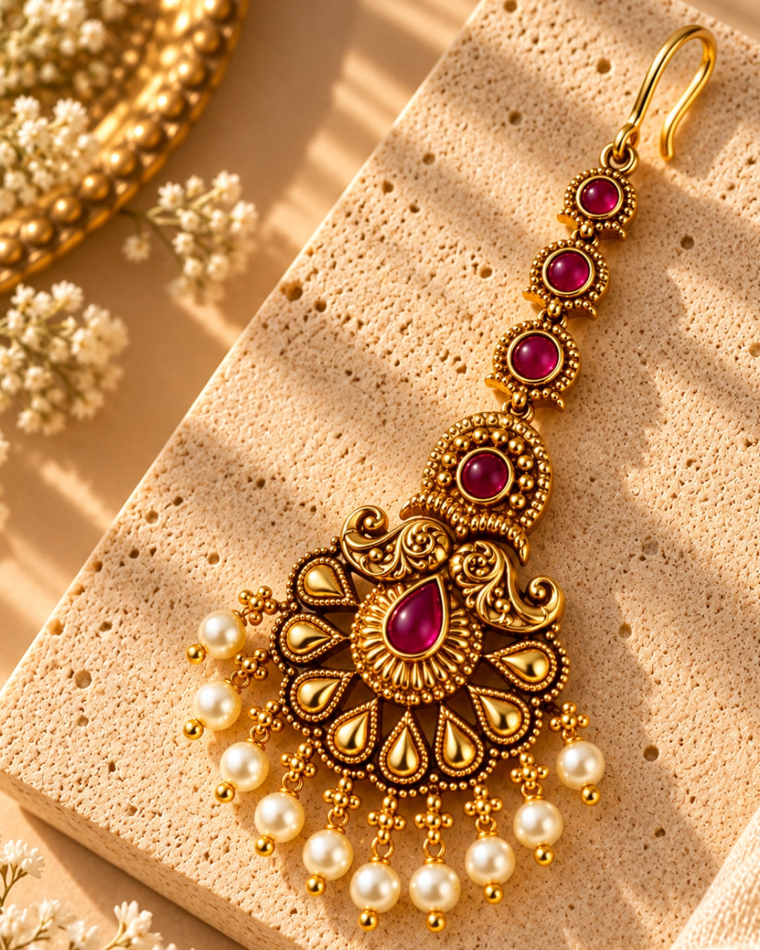 Gold-Plated Ruby Studded off White Beads Maang Tikka