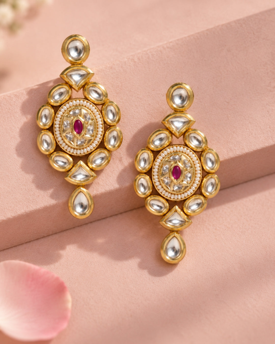 Gold Plated Kundan Studded Pearl detailing Oval Earrings