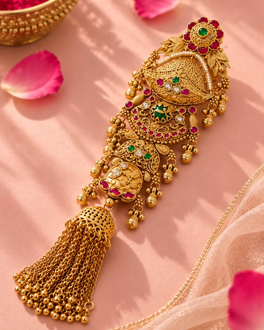 22K Micron Gold Plated Bridal Pearl & Stone Beaded Hair Accessory with Jhumka Drops