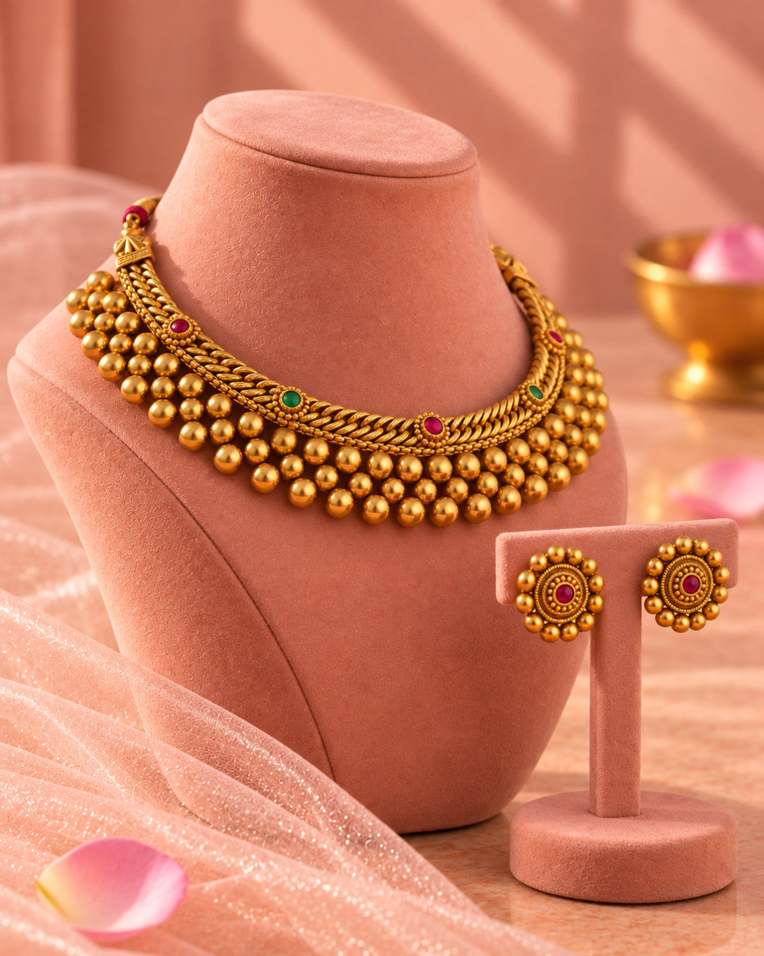 Gold Plated Round Artificial Beaded Stone Studded Necklace Set