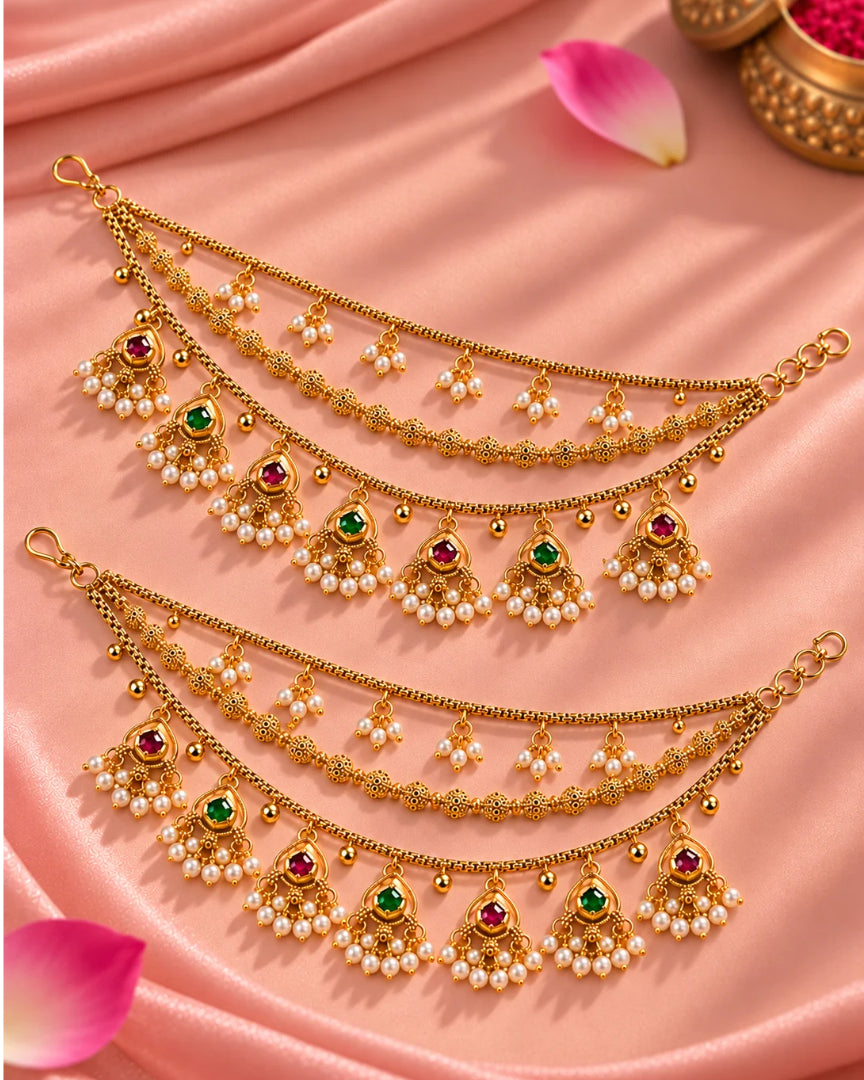 Women Brass 22K Micron Gold Plated Jadau Multilayer Earchain with Star Elements