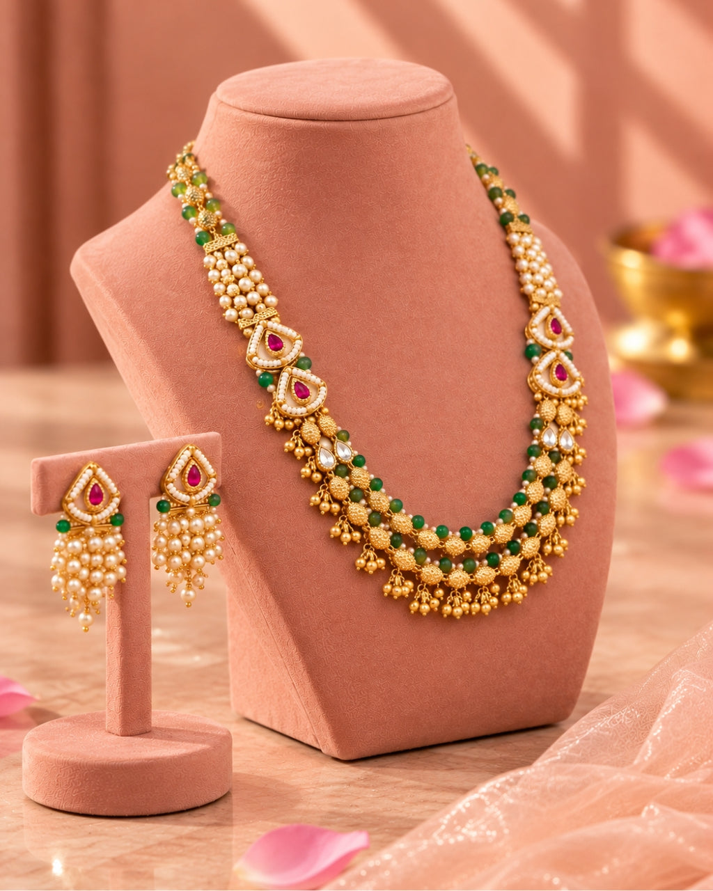 Jadau Gold Emerald and Ruby Traditional Necklace Set