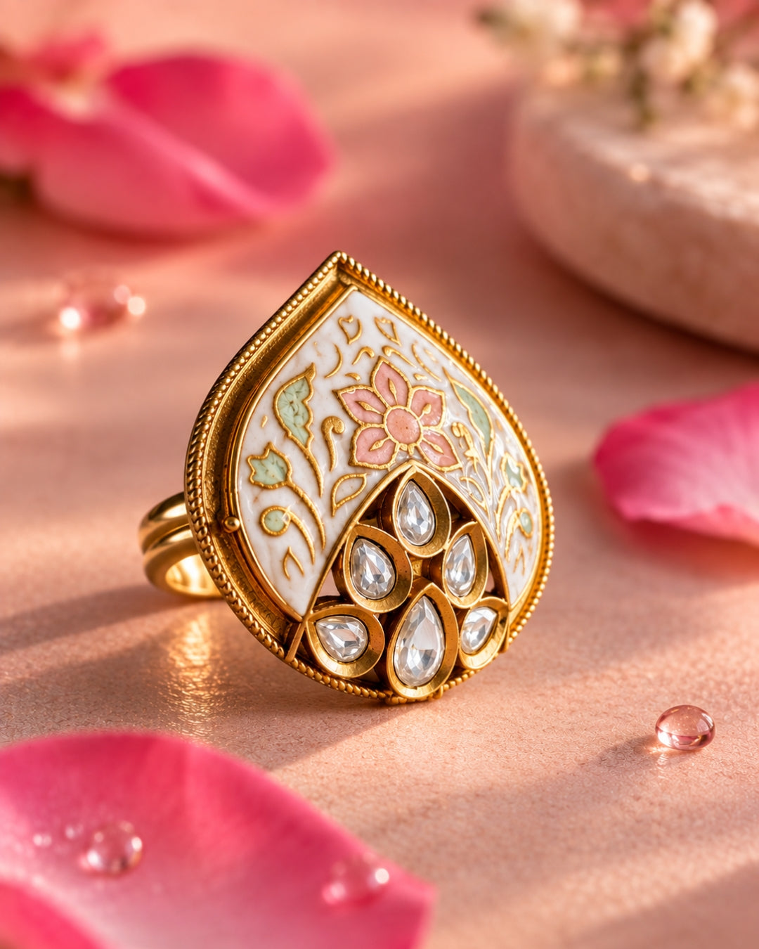 Gold Plated Teardrop Meenakari Adjustable Ring