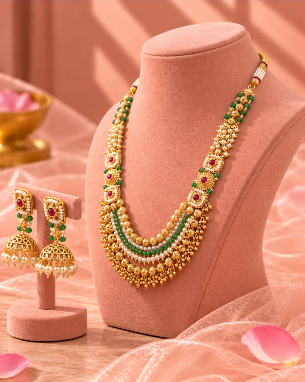 Jadau Gold Plated Emerald Ruby Pearl Detailing Traditional Necklace Set