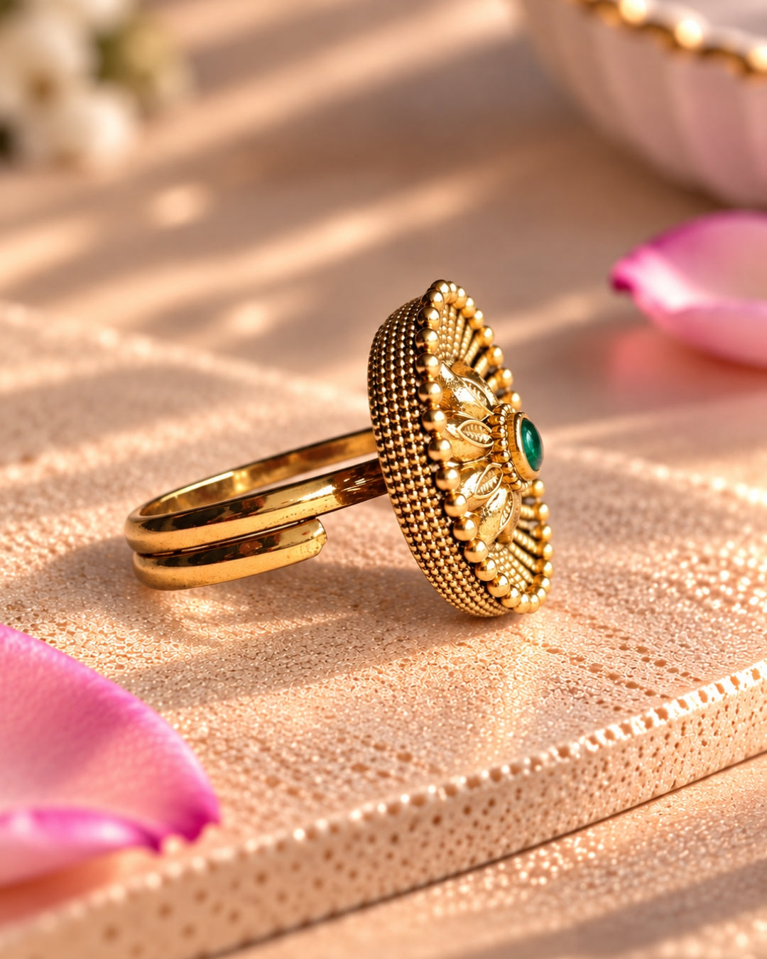 Floral Designed gold plated Round Emerald studded ring