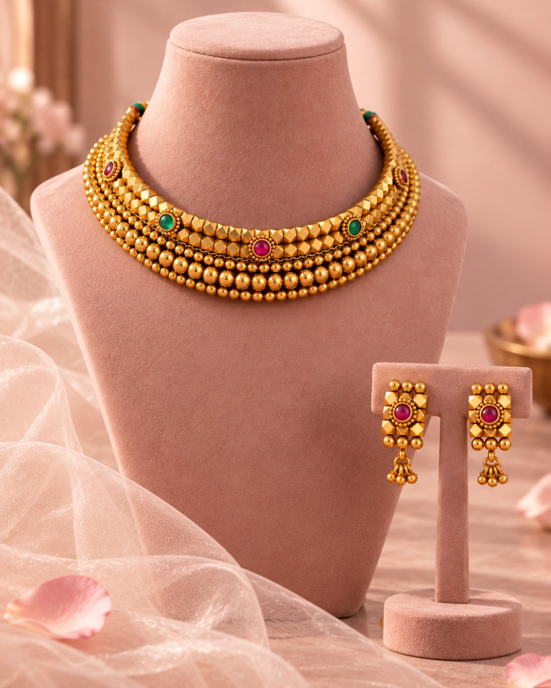 Pink & Green Stone Studded Gold Beaded Choker Set
