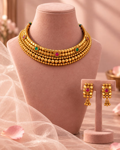 Pink & Green Stone Studded Gold Beaded Choker Set