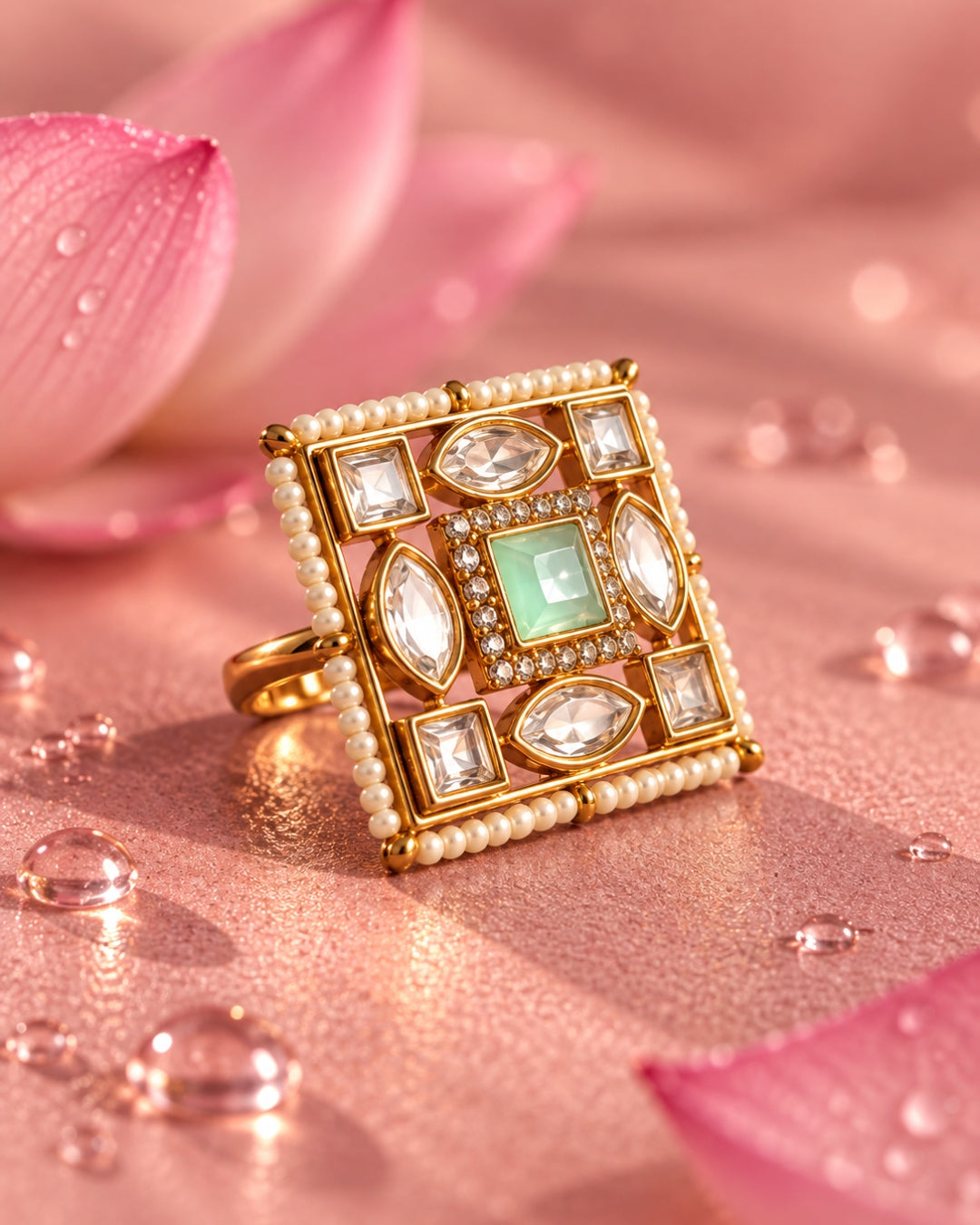 Square Gold Plated Kundan Mint Green & AD Pearl Ring